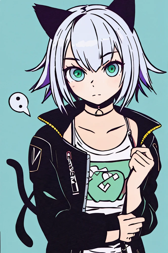 1girl, :3, animal_ears, bangs, black_background, black_jacket, blush, cat, cat_ears, choker, closed_mouth, collarbone, eyebrows_visible_through_hair, green_eyes, hair_between_eyes, jacket, letterboxed, looking_at_viewer, medium_breasts, sarashi, short_hair, silver_hair, solo, stuffed_animal, stuffed_toy, transparent_background, upper_body, virtual_youtuber, white_hair, wears techwear clothes, detailed, masterpiece, 