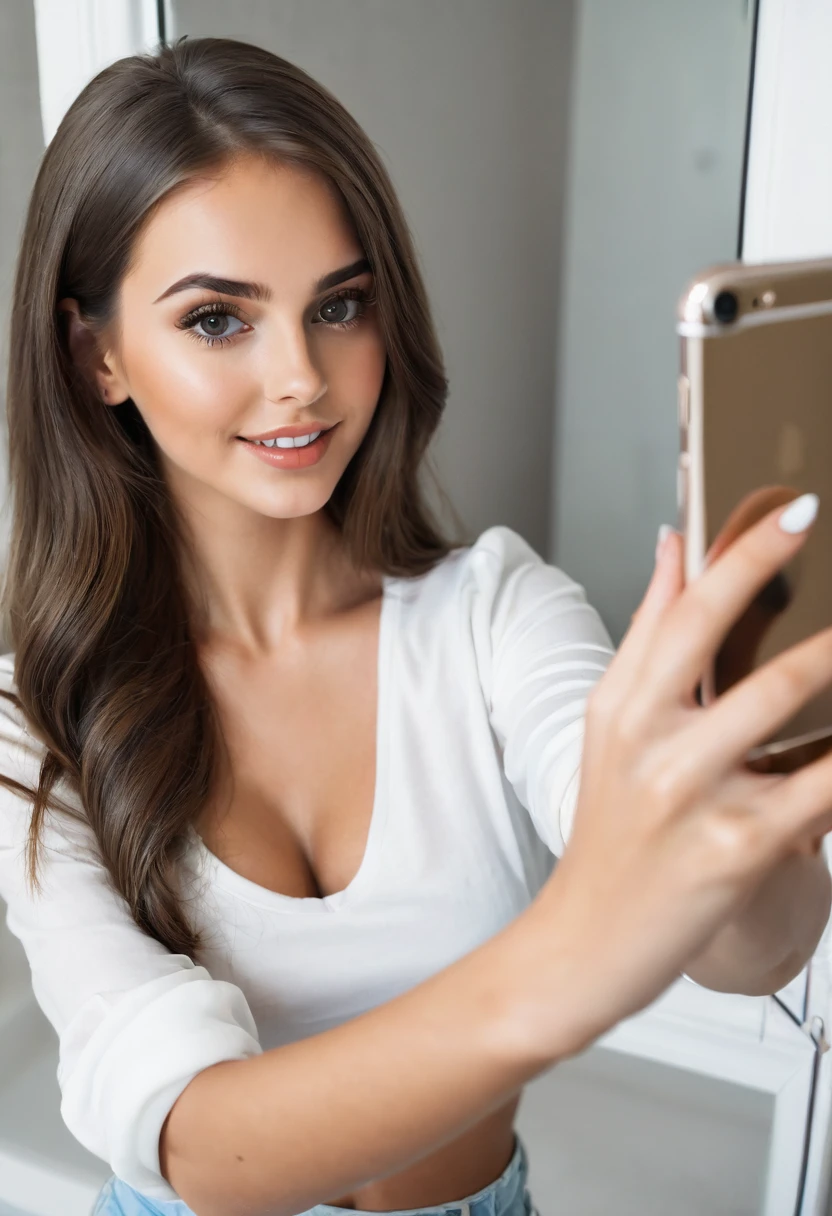 A beauty brunette girl taking a selfie with an iPhone in front of the mirror