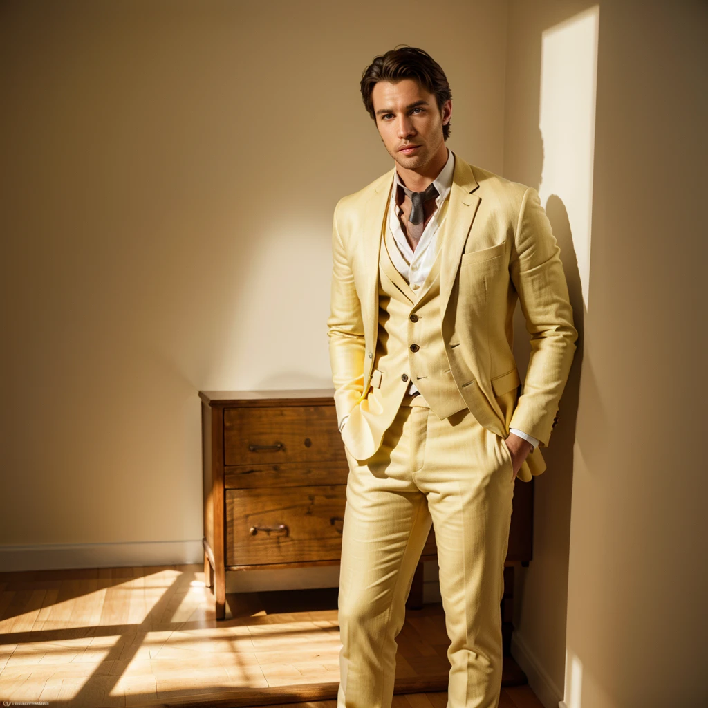 (1man:1.4),(male:1.2),(full body:1.2), age 25 beared handsome man , studio lighting , photo shoot of lemon yellow linen tuxedo ,portrait shoot 