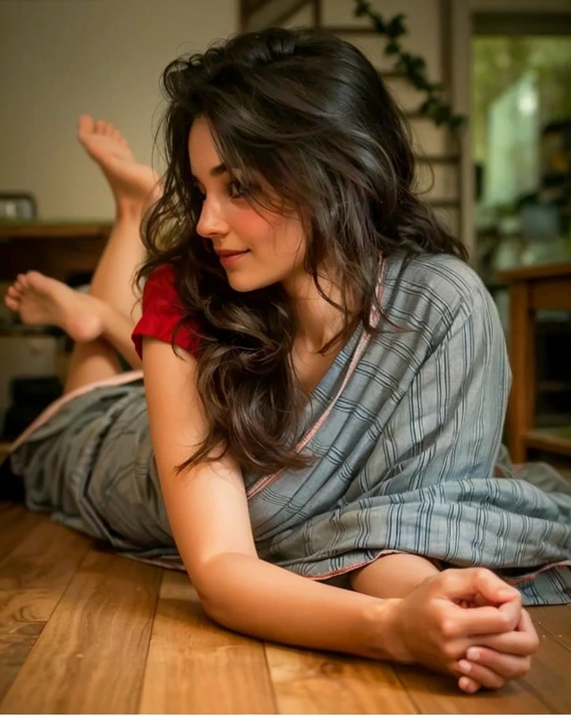 a hyper-realistic portrait of a young woman, in bra and panty, smiling, under a tree, inside a forest, in the middle of nature, 22 years old, realistic, (lying on her side), sexy, (huge breasts 2:1), short brown hair, (hair tied with bows), curved, SFW, looking at viewer