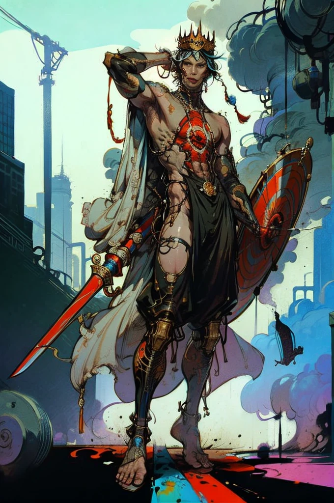 Perfect proportion, anatomically correct, (from head to foot: 2.0), (Full body image: 2.0), alone, extremely stylized, abnormal art, masterpiece, Very detailed, delicate eyes, expressive delicate eyes, (((Handsome man))),Detailed student, Futuristic, ((Wearing a crown)), ((holding scimitar and shield)), (cybernetic weapons:1.4), big boot, Full body image, full-body shot, nvink punk, Professional photos of Alexander_skarsgard, tassel, Large beads, (大tassel), cyberpunk, ink punk, paint tray, Ink splatter, (Action poses:1.0), chain mail