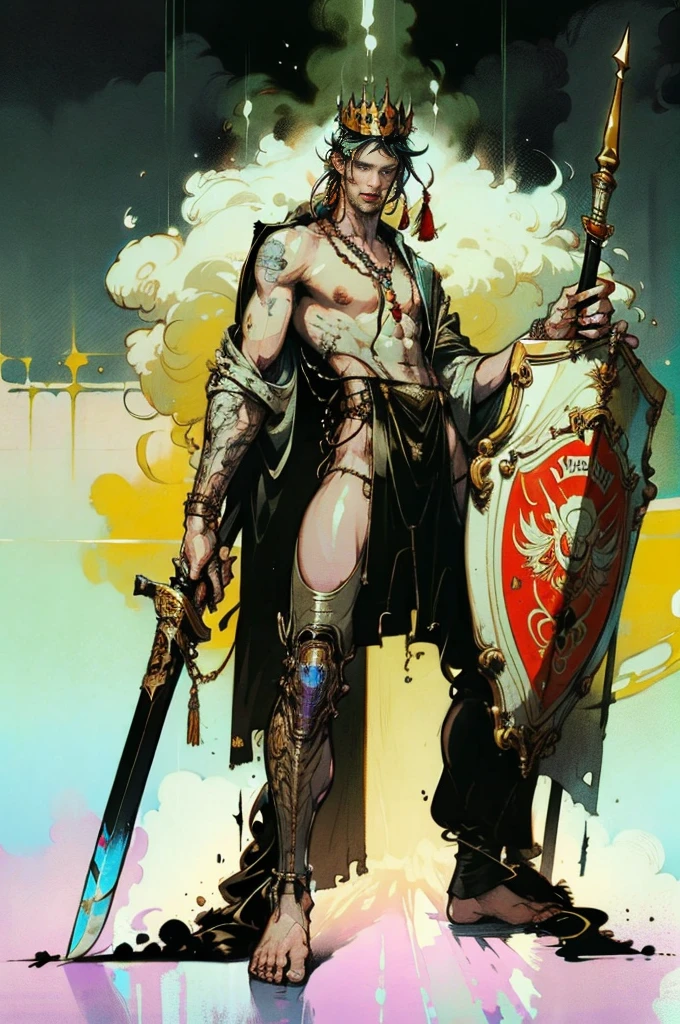 Perfect proportion, anatomically correct, (from head to foot: 2.0), (Full body image: 2.0), alone, extremely stylized, abnormal art, masterpiece, Very detailed, delicate eyes, expressive delicate eyes, (((Handsome man))),Detailed student, Futuristic, ((Wearing a crown)), ((holding scimitar and shield)), (cybernetic weapons:1.4), big boot, Full body image, full-body shot, nvink punk, Professional photos of Alexander_skarsgard, tassel, Large beads, (大tassel), cyberpunk, ink punk, paint tray, Ink splatter, (Action poses:1.0), chain mail
