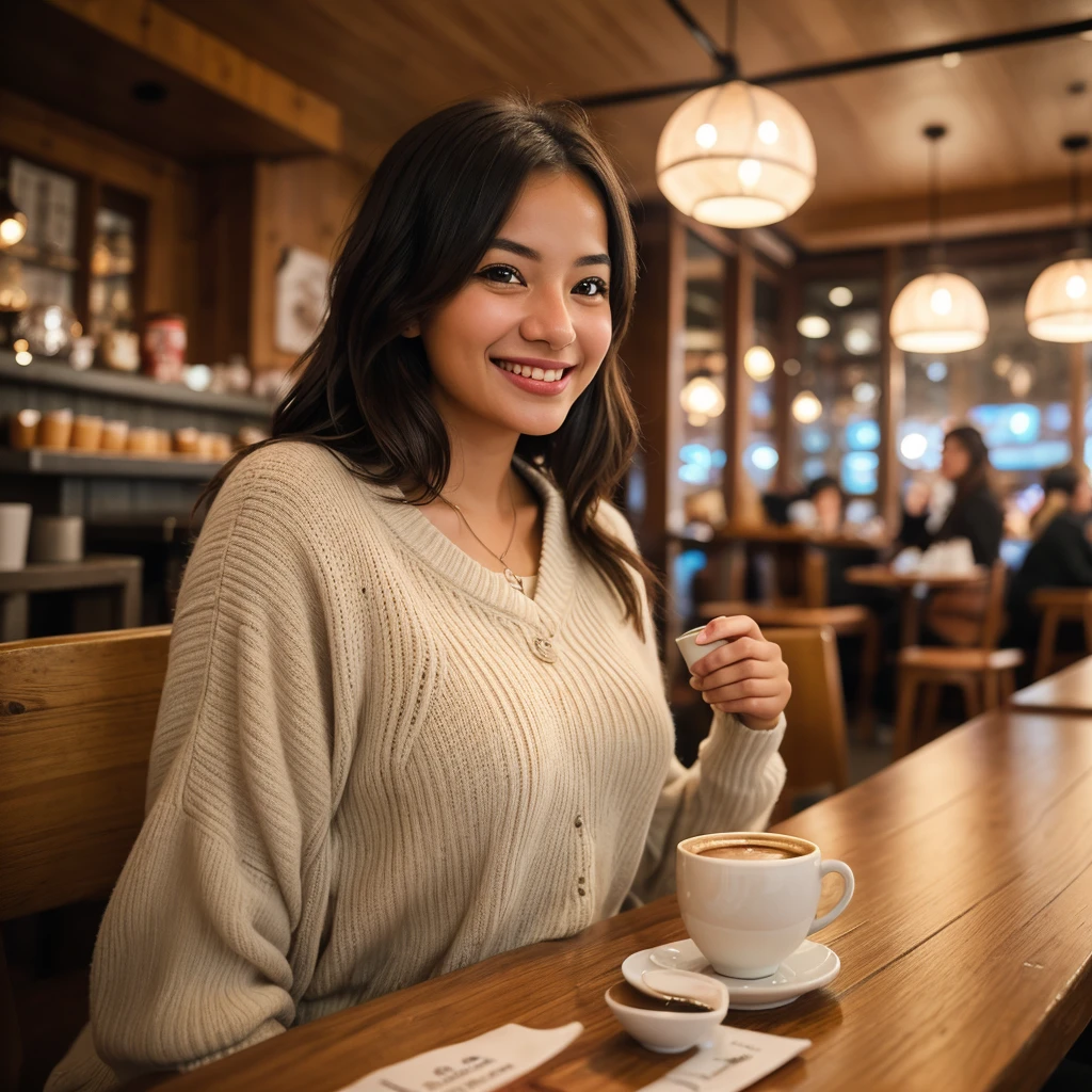 Create a realistic women a candid shot of a girl sitting in a cozy café, smiling warmly at the camera with a cup of coffee in hand. The background features soft lighting and a hint of the café’s ambiance, creating a timeless and inviting feel."