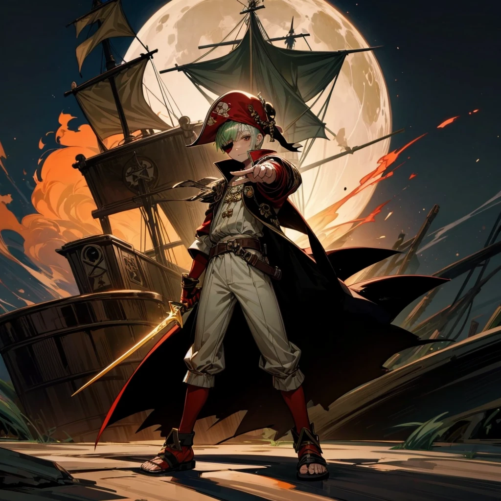 1boy, Full body version, 1character, brown eyes, albino skin, pirate eye patch, buzz cut hairstyle, green colour hair, flat facial expression, small eyes, red pirate hat, templar knight clothing, brown colour clothing, ancient Greek sandals, gold dagger knife in hand, buckler in hand, gold armor, Grassroots background in Pirate Ship, (at night), fire light burns on the ship, damaged pirate ship, moon silhouette light, moon in the sky, eyes glow red, sword glows red, lots of fire on the ship, ship fire, full background, war in ship pirate, (war gesture),