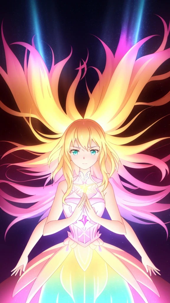 beautiful girl, puffy tiered ballgown, vibrant pastel colors,20s,madure female,angry,closed mouth,white dress,cleavage,sleeveless,((glowing blonde long hair)), magical lights, sparkling magical liquid, inspired by Glen Keane, inspired by Lois van Baarle, disney art style, by Lois van Baarle, glowing aura around her, by Glen Keane, jen bartel, glowing lights! digital painting, flowing glowing hair, glowing flowing hair, beautiful digital illustration, fantasia background, whimsical, magical, fantasy, ((beautiful face)), ((masterpiece, best quality)), intricate details, highly detailed, sharp focus, 8k resolution, sparkling detailed eyes, liquid watercolor,(extra arms,four arms)