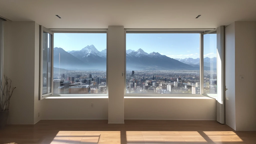 “In the early morning, sunlight streams through the window, illuminating the cityscape with distant mountains in the background. Close to the window, against the wall, there is a white table with nothing placed on it. The room’s interior is predominantly white, sparsely furnished. The view through the window takes center stage, capturing the essence of the cityscape and distant mountains, with the white table subtly visible in the foreground.”