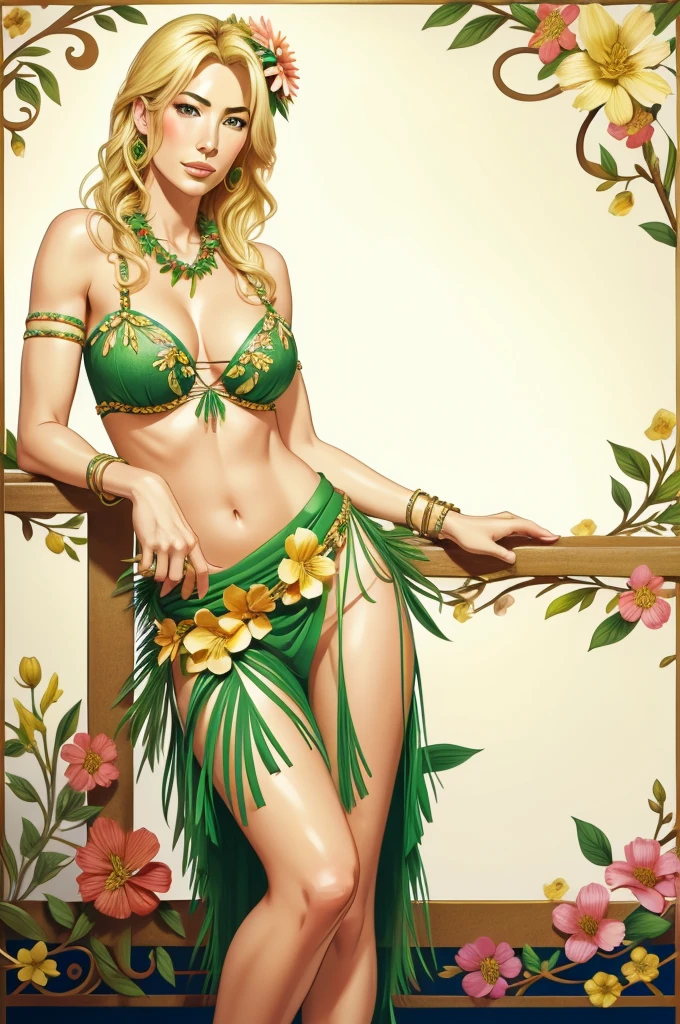 Jaime Murray wearing a garland of flowers, girl wearing a lei, grass skirt, slight smile, seductive, blonde