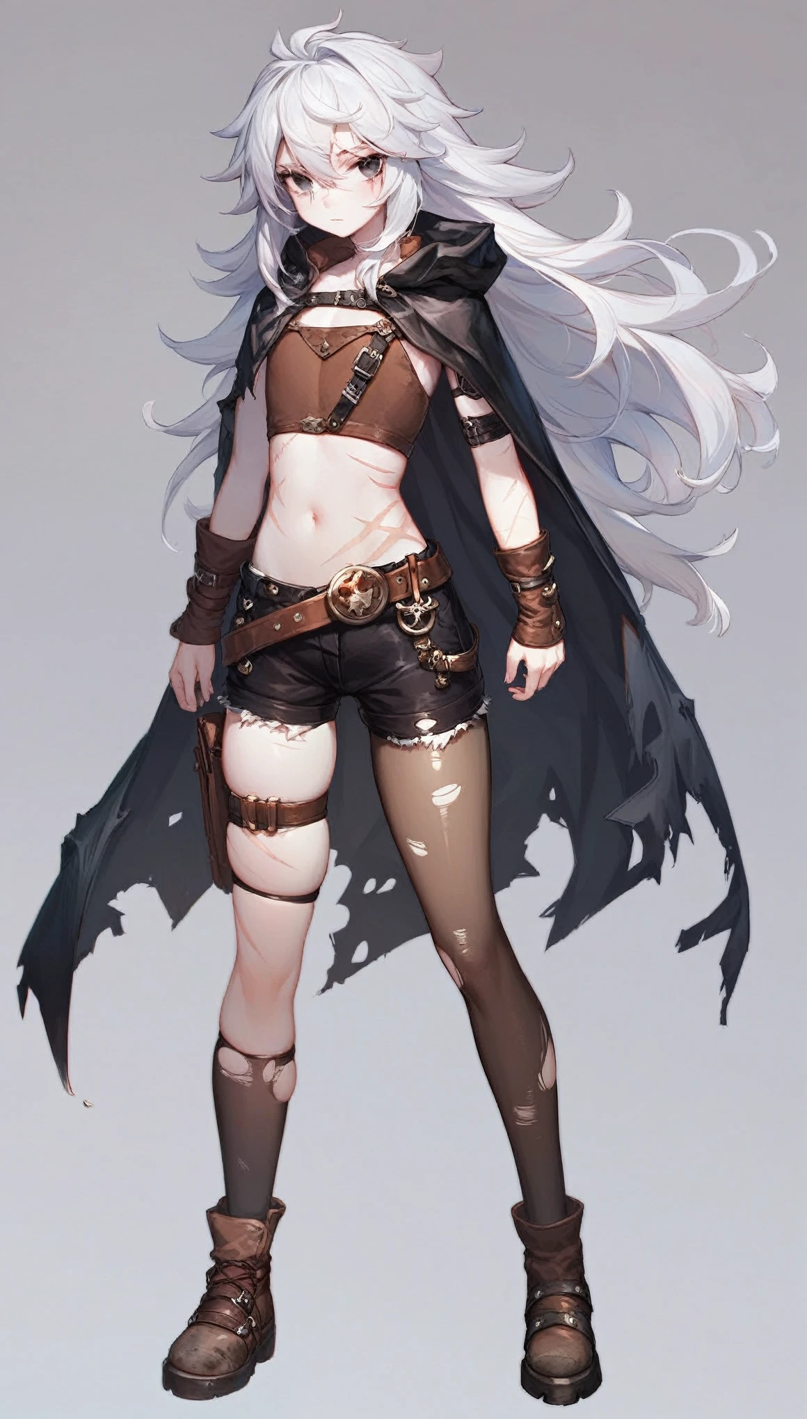 score_9,score_8_up,score_7_up,masterpiece, best quality, 19 year old girl, white skin, dirty white hair, extremely long hair, black eyes, extremely detailed eyes, full body, skiny, tiny body, flat chested, flat stomach, standing, torn clothes, torn, add detail:1, ripped, ripped clothes, very short black shorts, black cape, brown leather chestplate, leather chestplate covered in filth, ((scarred, scars on body)), empty background