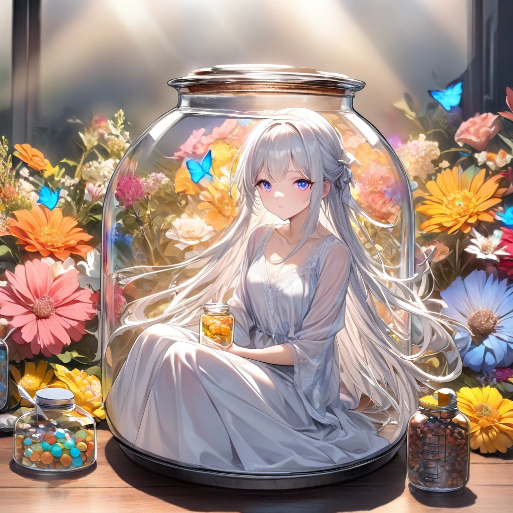 (Masterpiece), (Best Quality), Illustration, Super Detailed, HDR, Depth of Field, (Colorful), ,(Flowers Background:1.45),(Transparent Background:1.3)(an extremely delicate and beautiful girl inside of glass jar :1.2), (glass jar:1.35), (lone:1.2), (whole body), (beautiful and delicate eyes, beautiful and delicate face:1.3), (sitting), (very long silky hair, white hair: 1.15), (ease_chest, tally and thin: 1.2), (colorful clothes: 1.3), (exceptionally fine lace: 0.3), (exceptionally fine decoration: 0.3), (headband, orange hair_decoration: 1.25), orange jar, water surface, whole body, (bottle filled with orange water, bottle filled with Fanta: 1.25), (many fruit in a jar, many pieces_fruit in a jar: 1.25), (lots of bubbles: 1.25),