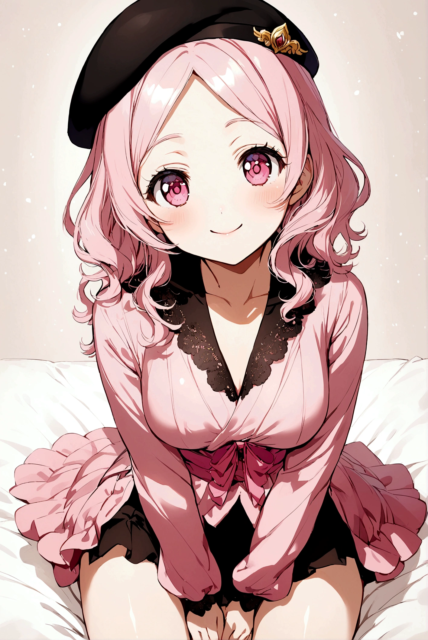 anime girl , short pink hair , Black Beret, mini skirt , linda , tender , pink blouse , pink eyes, clear skin, smiling 