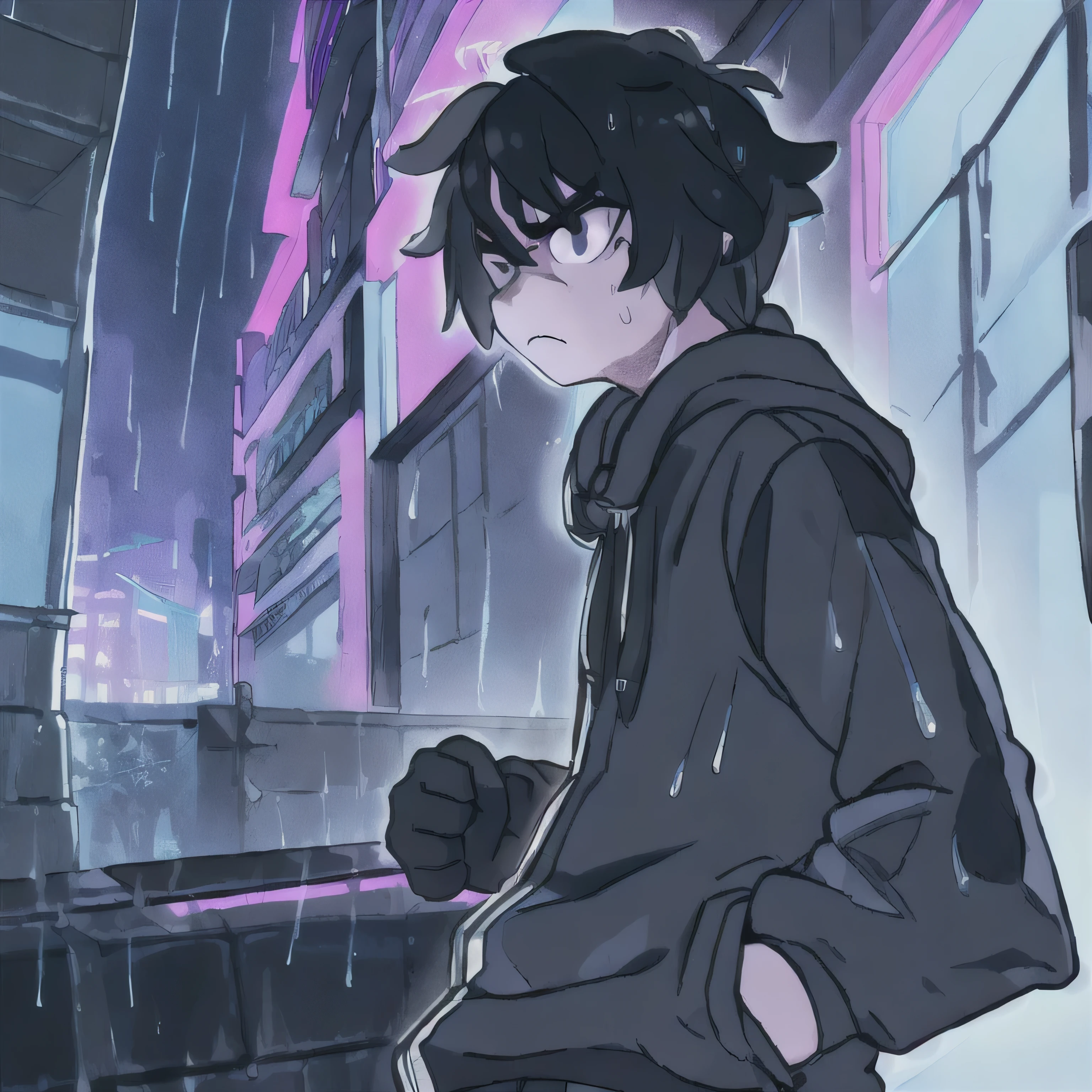 masterpiece,1man,solo,incredibly absurdres,hoodie,headphones, street,outdoors,rain,neon lights, angry, hood up, hands in pockets, looking away, from side, evil, black eyes, black veins