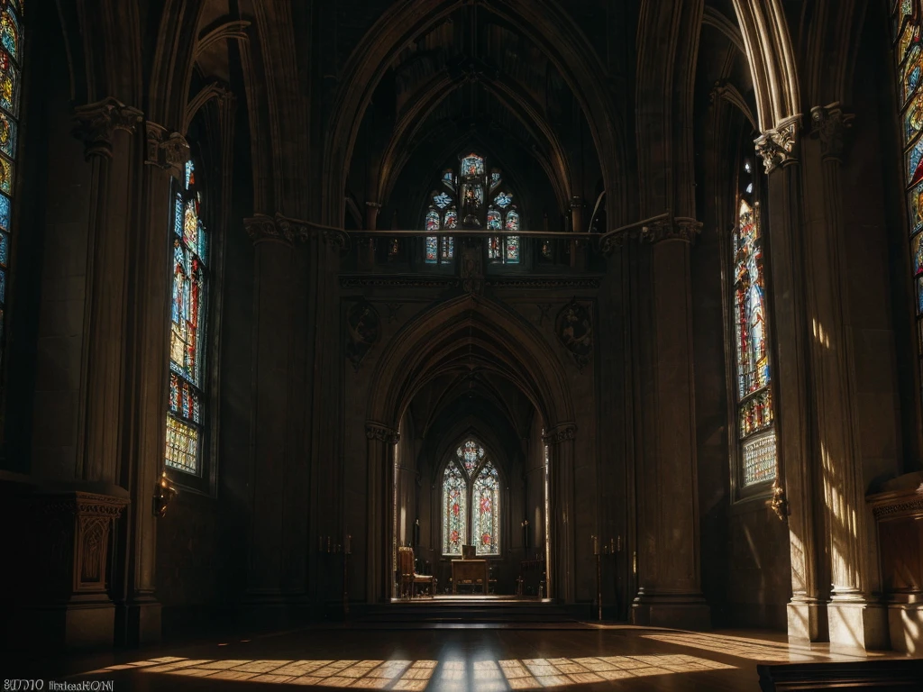 a detailed gothic cathedral, intricate architecture, stained glass windows, ornate interior, sunlight streaming through windows, grand arched entrance, soaring spires, ancient stone walls, detailed reliefs and carvings, rows of wooden pews, candles flickering, ornate altar, religious iconography, (best quality,8k,highres,masterpiece:1.2),ultra-detailed,(realistic,photorealistic,photo-realistic:1.37),detailed lighting,dramatic chiaroscuro,cinematic composition,moody atmosphere