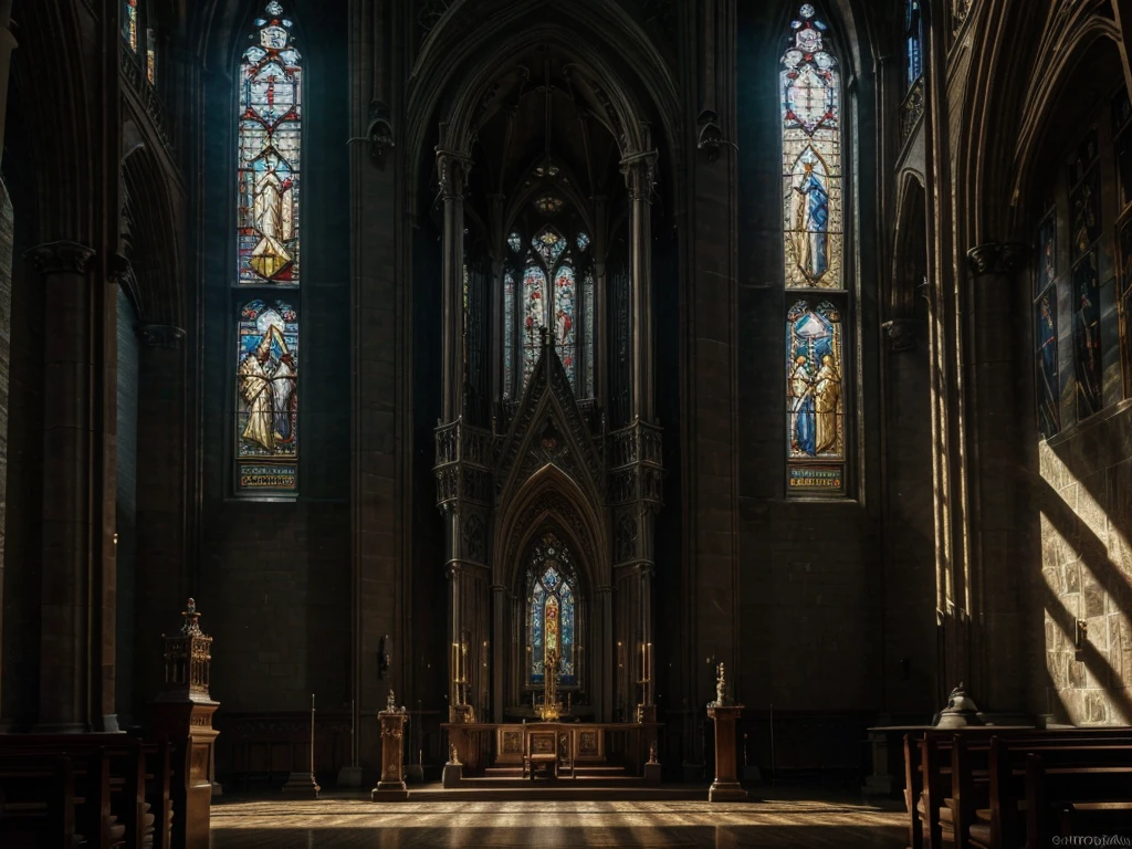 a detailed gothic cathedral, intricate architecture, stained glass windows, ornate interior, sunlight streaming through windows, grand arched entrance, soaring spires, ancient stone walls, detailed reliefs and carvings, rows of wooden pews, candles flickering, ornate altar, religious iconography, (best quality,8k,highres,masterpiece:1.2),ultra-detailed,(realistic,photorealistic,photo-realistic:1.37),detailed lighting,dramatic chiaroscuro,cinematic composition,moody atmosphere