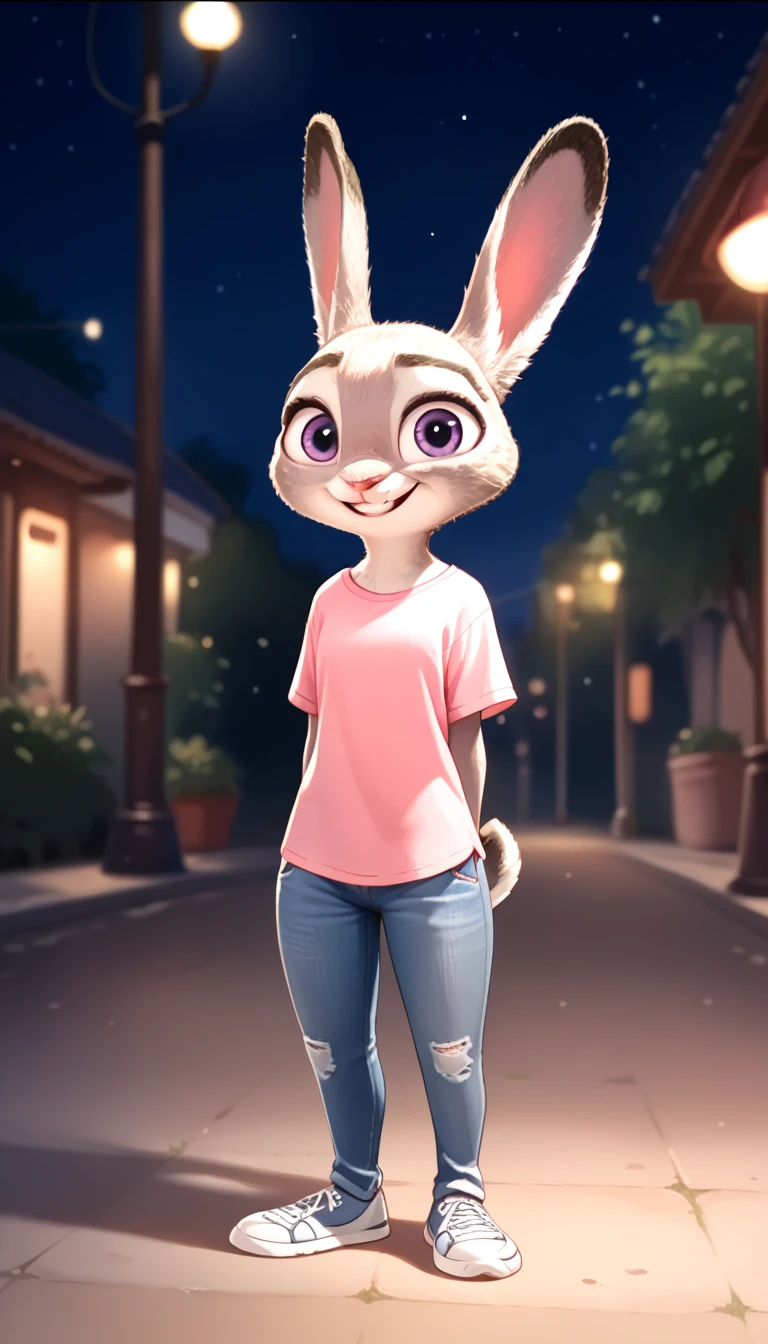 score_9, score_8_up, score_7_up, score_6_up, source_furry, judyhopps smiling, dark, night, backlight, solo, pink shirt, jeans, white sneakers, full body, arms at sides, front view, portrait