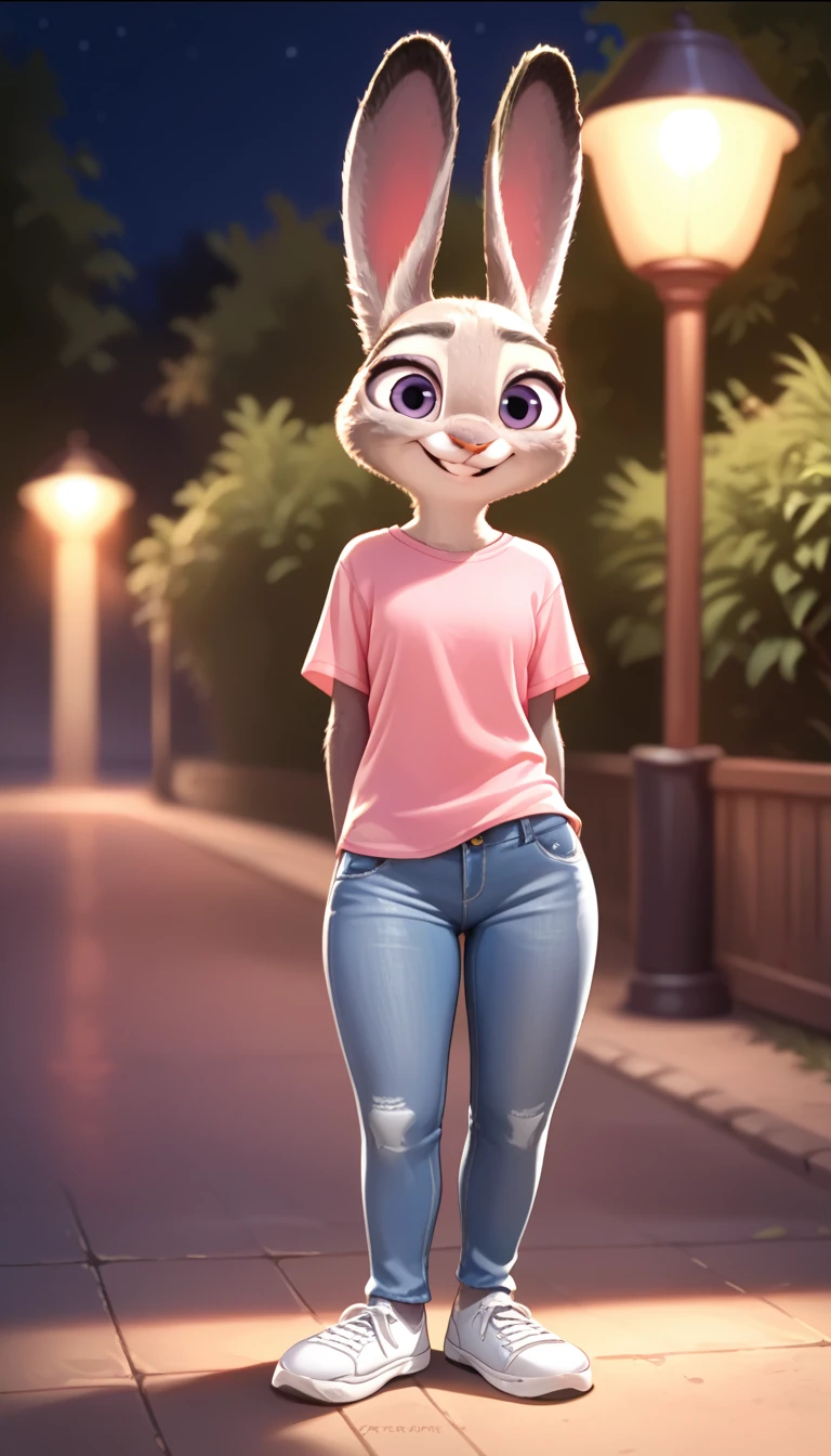 score_9, score_8_up, score_7_up, score_6_up, source_furry, judyhopps smiling, dark, night, backlight, solo, pink shirt, jeans, white sneakers, full body, arms at sides, front view, portrait