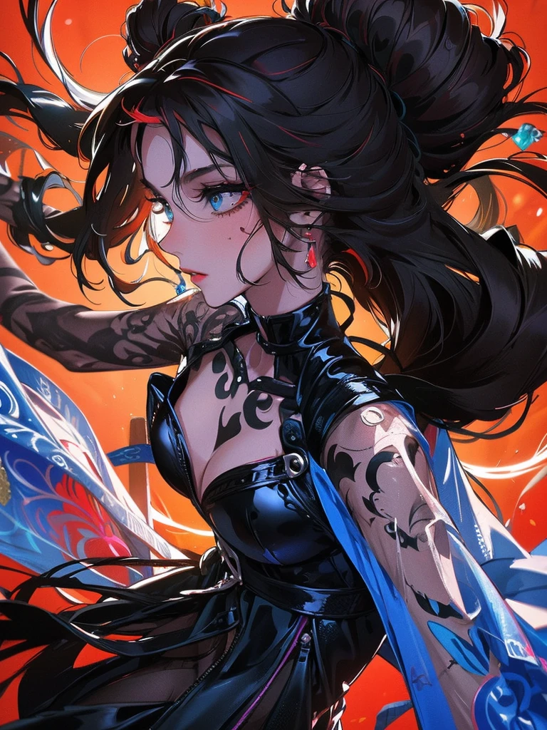 Black silhouette of a woman:singer:Dynamic pose:profile,Ink splash,Bold colors,Dynamically,colorful,An abstract painting that looks like a person if you look closely,Artwork,Mysterious,design