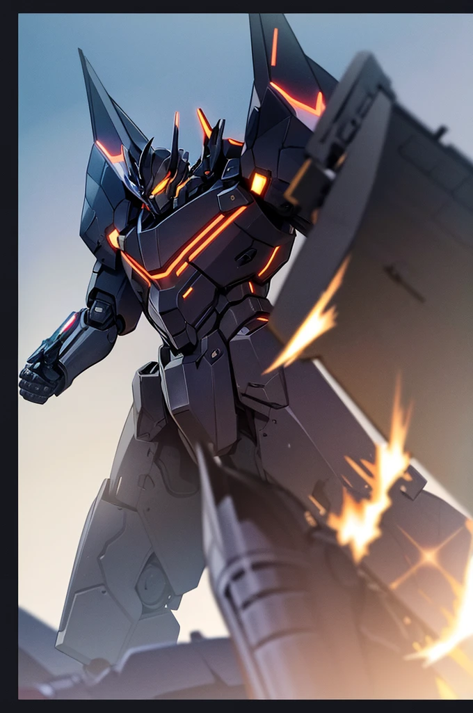 black robot mech, battle pose, armored, gun