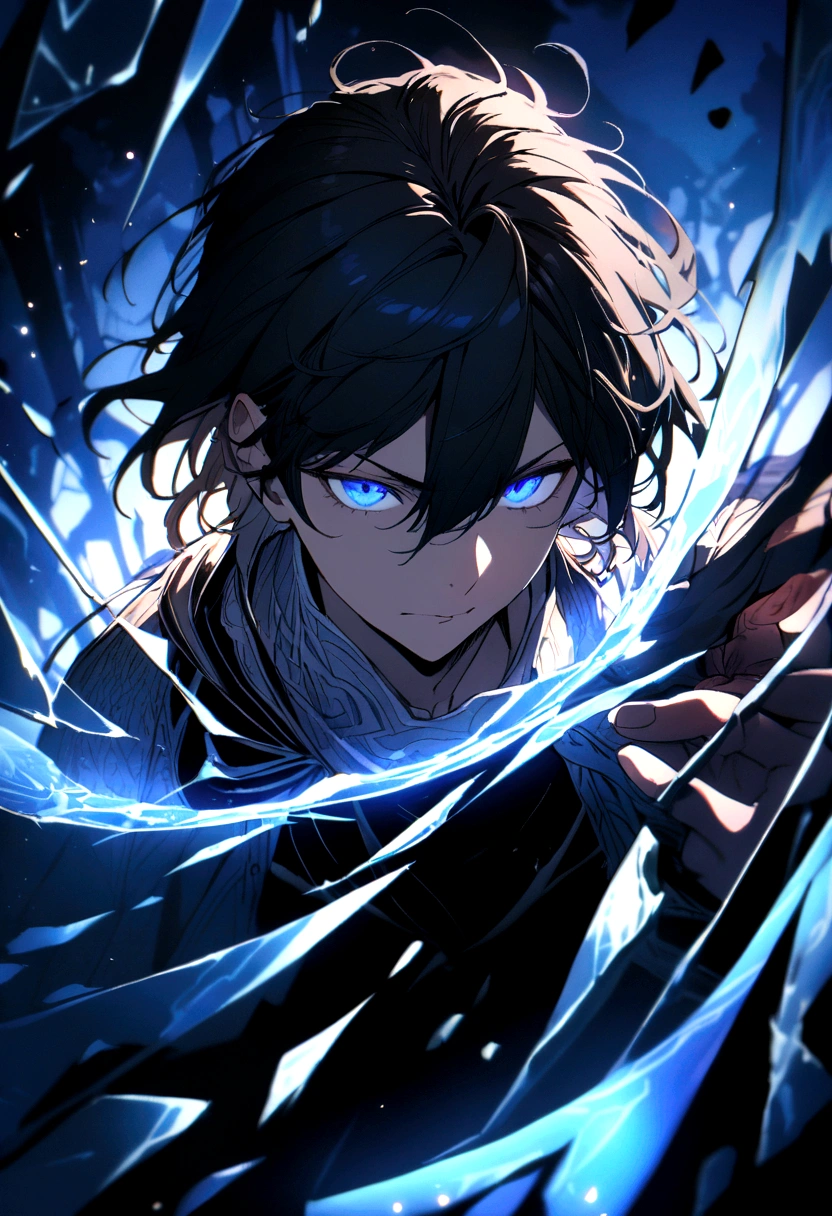 (masterpiece, best quality, ultra-detailed, best shadow), (detailed background,dark fantasy), (handsome detailed face), high contrast, (best illumination, an extremely delicate and beautiful), ((cinematic light)), colorful, hyper detail, dramatic light, intricate details, (1boy, solo,black hair, sharp face,blue eyes, hair between eyes,dynamic angle), blood splatter, blue moon, blue magic light, swirling black light around the character, depth of field,black light particles,(broken glass),magic circle,