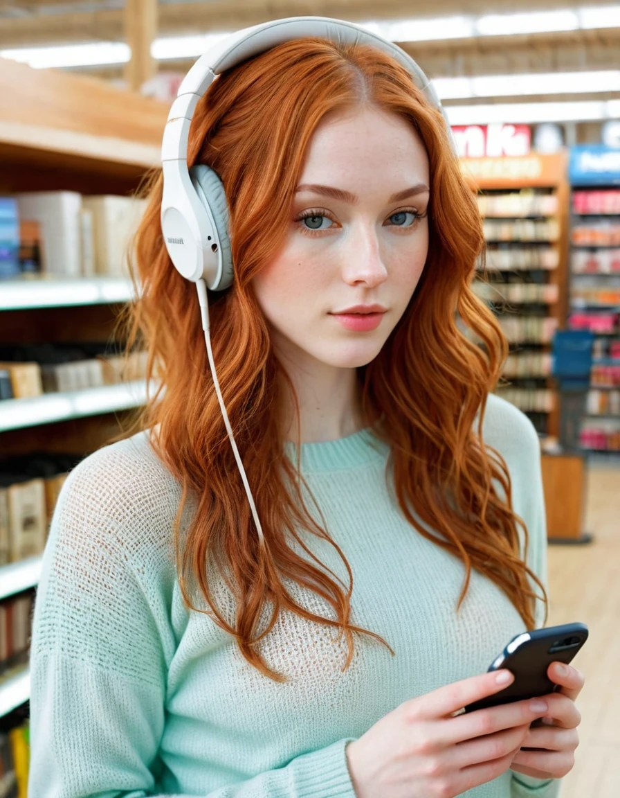 Photography full body, whole body of a very beautiful realistic girl,in the music store, with headphones and mobile phone in hand, sweater and shorts, porcelain skin, very light skin, very pale skin, redhead, wavy, open hair, Detail of skin structure, hazel eyes, Slit eyes, small-nose, small nostril, think of arched eyebrows, thick lower lip, seductive glance, happy face, unique face, detailed photo, foto realista, Masterpiece Image, sharp image, clear daylight outside

