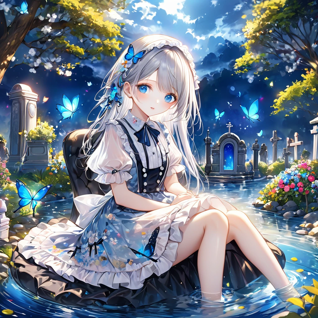 (masterpiece), (best quality), illustration, Extremely detailed, Human Development Report, Depth of Field, (rich and colorful), ,,This is a masterpiece that exudes exceptional quality. The illustration is ultra-detailed, Using HDR technology to create a sense of depth. The theme is original, Beautifully, 和Beautifully艺术品, Vivid colors，Full of fantasy elements. Girl sitting on the seashore, surrounded by running water, The background is a dark blue world tree, Located in the cemetery. The tranquil and dreamy atmosphere gives the whole scene a soulful and charming temperament. Her pale complexion, Blue eyes sparkling, And silver hair dotted with flowers，Create charming portraits. She is wearing ****ta style clothes, Poker face，Mouth tightly shut. Background ranges from white, transparent, Cycle Options, There are also translucent blue butterflies flying around，Adds vitality to the work.