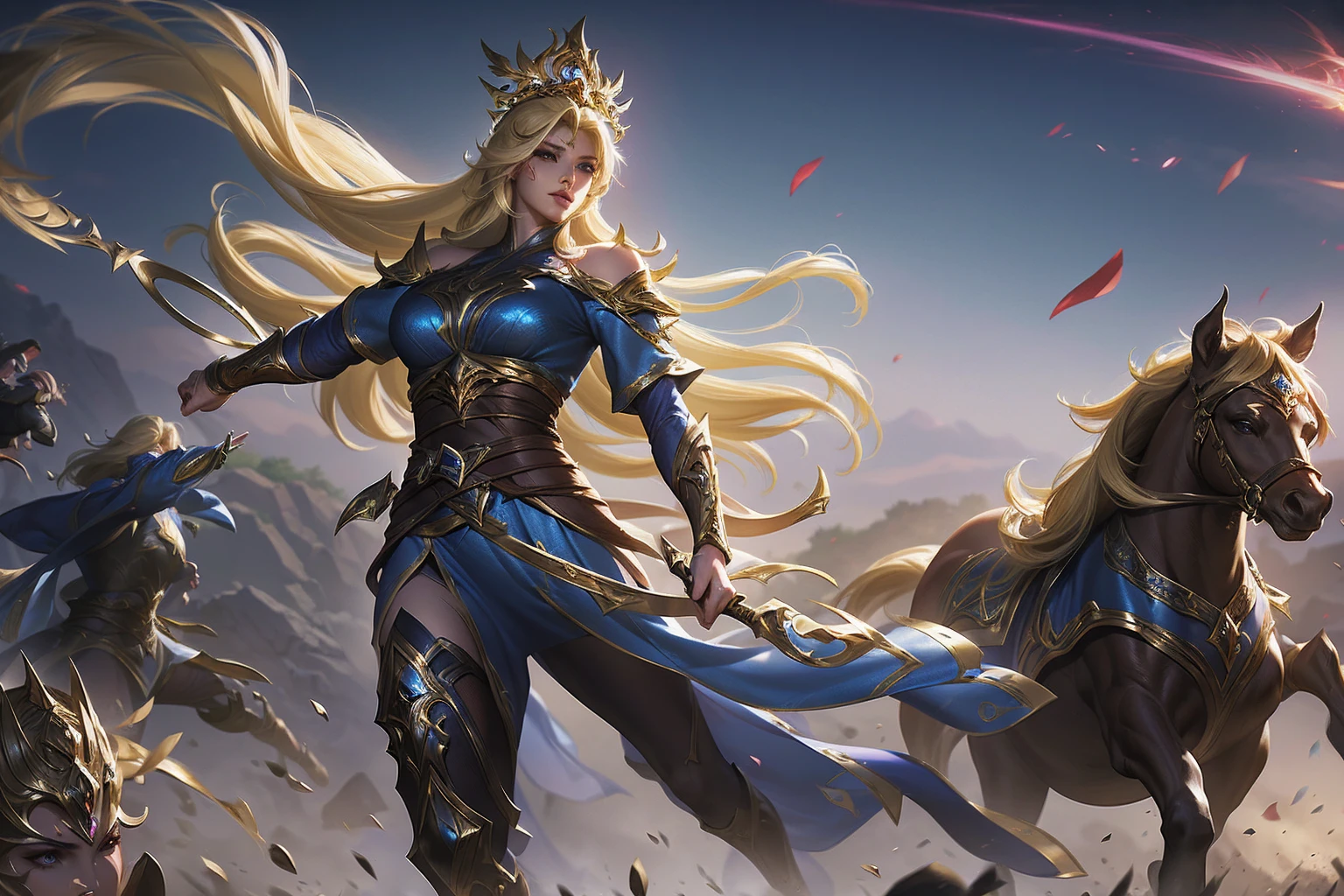 a blonde woman warrior, extremely detailed face and eyes, beautiful detailed lips, long flowing hair, strong and determined expression, empowered female fighter, high fantasy series character, girl power, digital painting, concept art, cinematic lighting, dramatic colors, mythical fantasy, Demacia