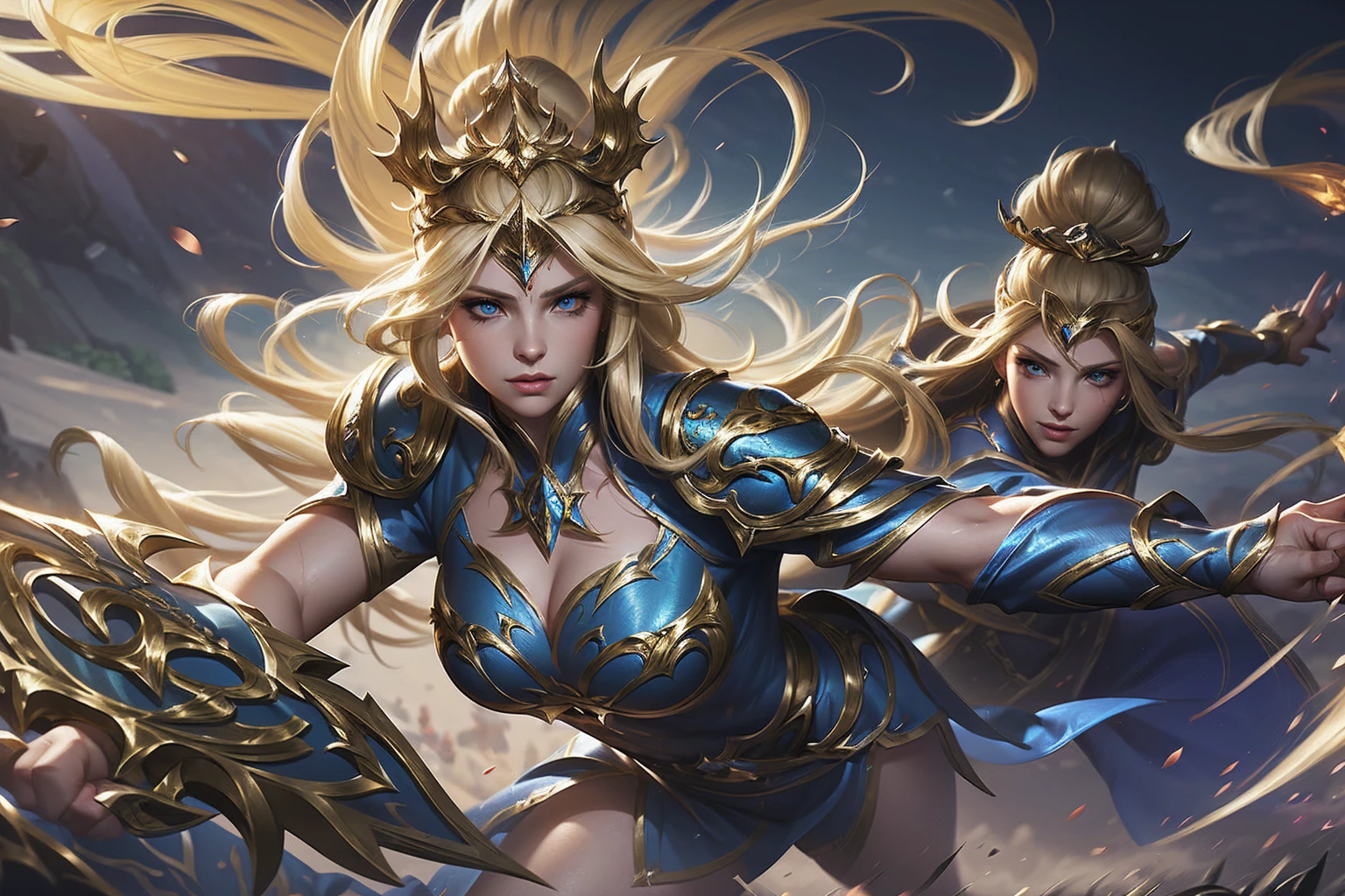 a blonde woman warrior, extremely detailed face and eyes, beautiful detailed lips, long flowing hair, strong and determined expression, empowered female fighter, high fantasy series character, girl power, digital painting, concept art, cinematic lighting, dramatic colors, mythical fantasy, Demacia