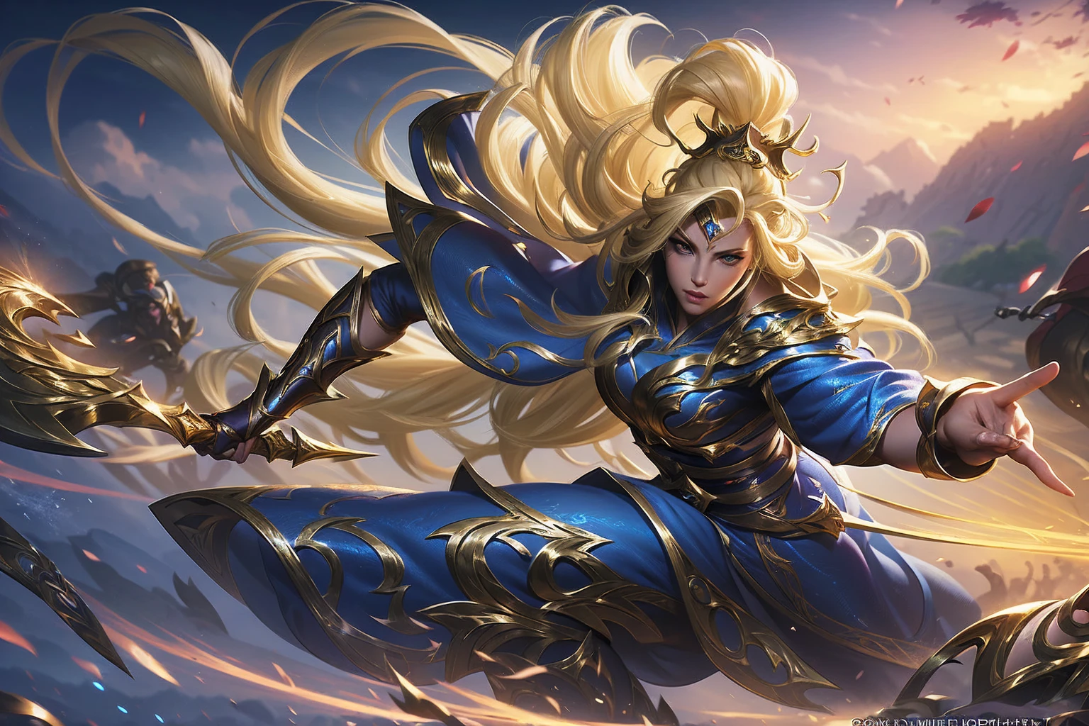 a blonde woman warrior, extremely detailed face and eyes, beautiful detailed lips, long flowing hair, strong and determined expression, empowered female fighter, high fantasy series character, girl power, digital painting, concept art, cinematic lighting, dramatic colors, mythical fantasy, Demacia