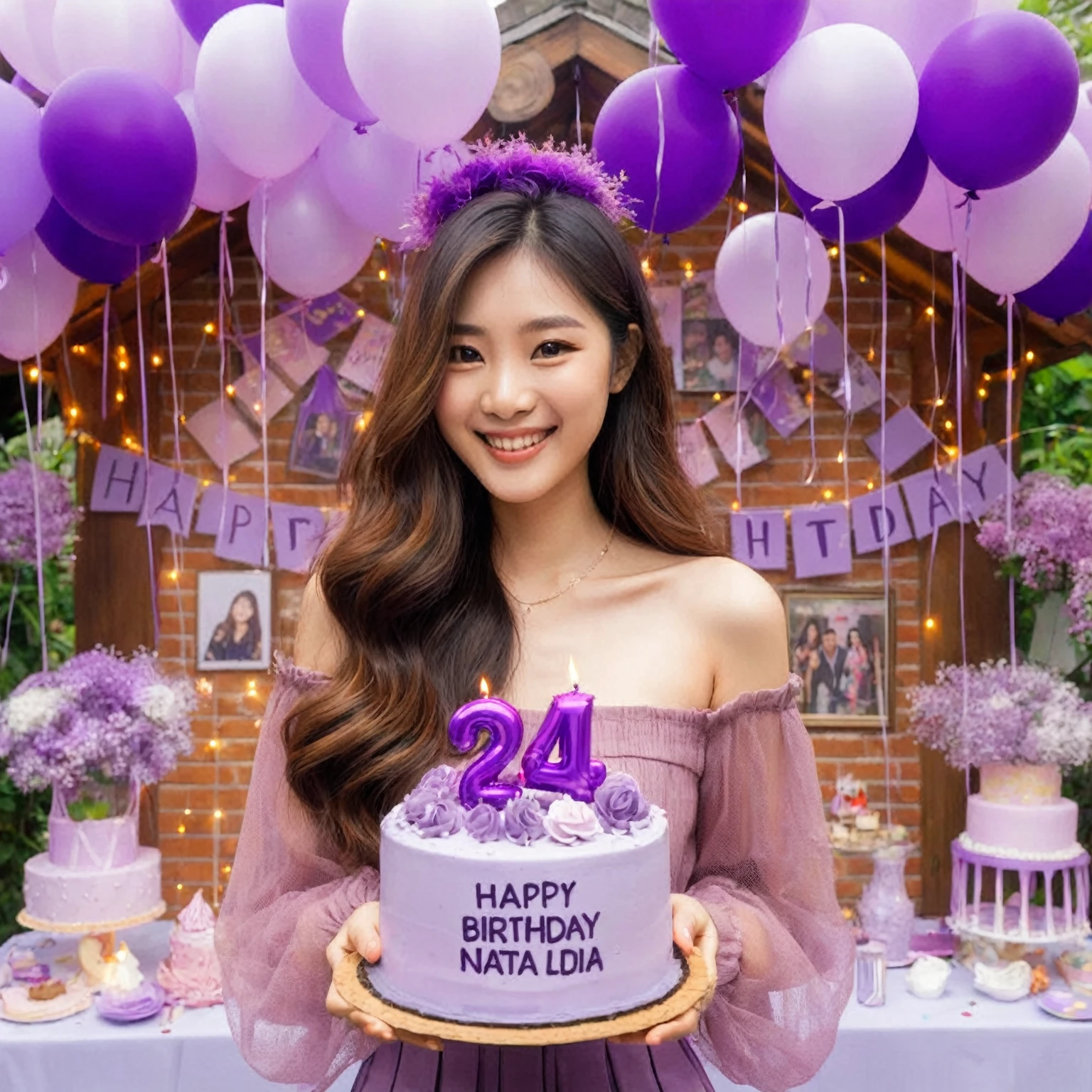The birthday party of an Asian woman with long hair, she is wearing a candid purple birthday attire, with purple balloons and decorations and signs, she is 24 years old, she is holding a purple birthday cake, you can see very clearly the writing on her birthday cake " Happy Birthday Nata Lidia", "24", she is happy, smiling, party balloons, party lights, birthday party decorations around outdoor, better detail and lighting, high quality photos.