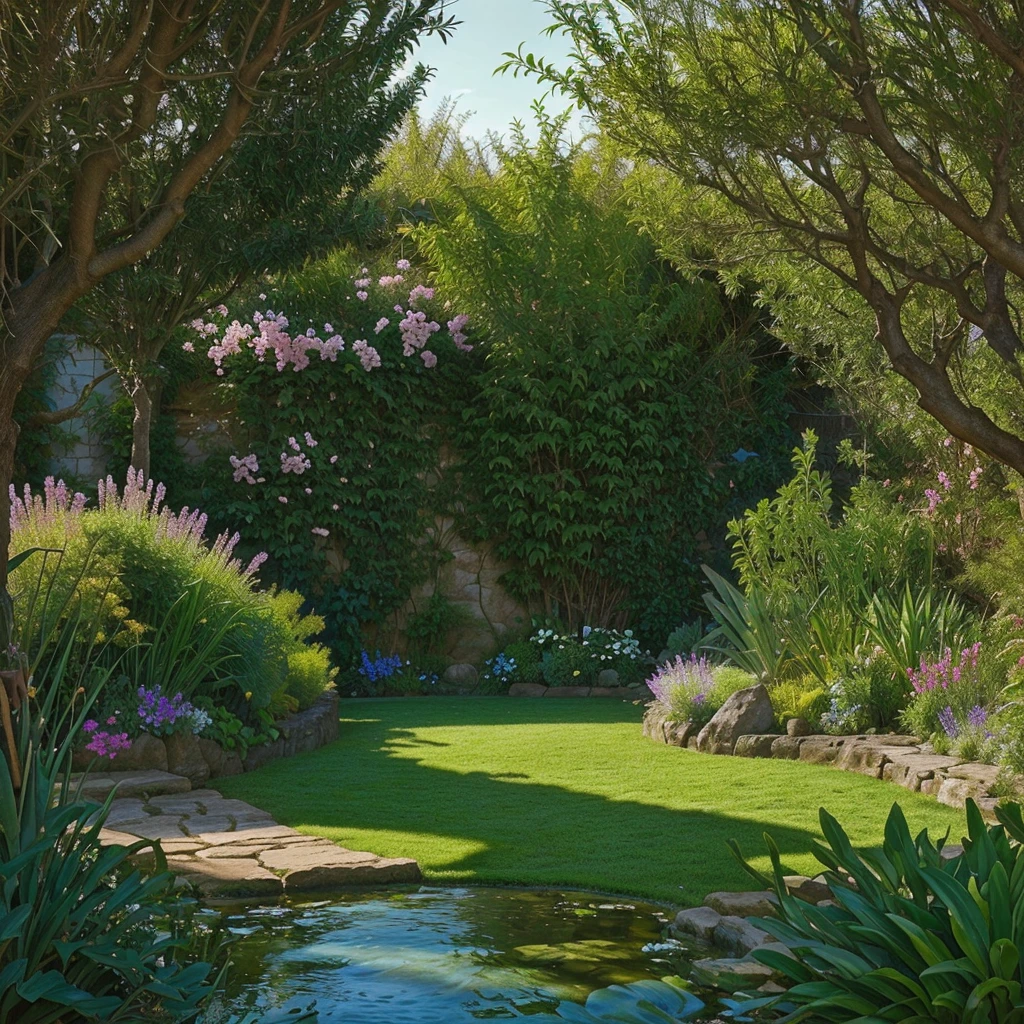 Image of the Garden of Eden, stunningly beautiful garden landscape with various animals and vegetation