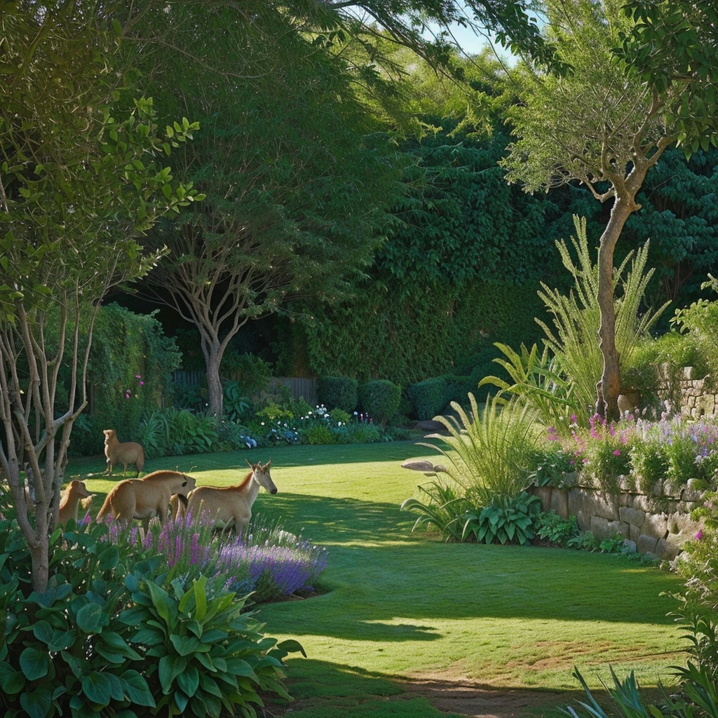 Image of the Garden of Eden, stunningly beautiful garden landscape with various animals and vegetation