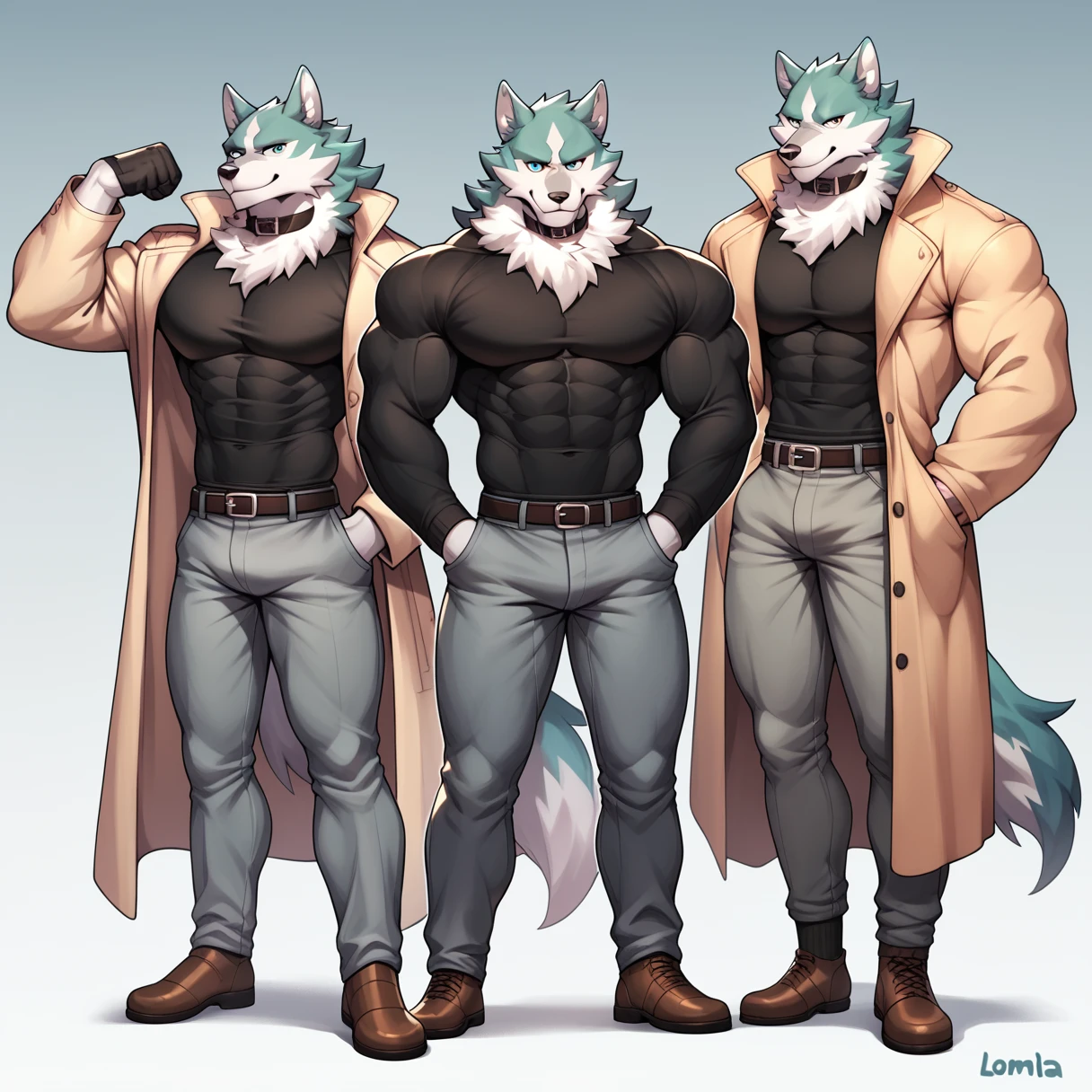 shirou ogami, wolf anthro, muscular, body-builder, lobo, the second, large pectorals, venous muscles, Huge muscles, thin waist, flexing, wearing speedo, smiling, full body trenchcoat, black shirt, collar, gloves, grey pants, brown shoes