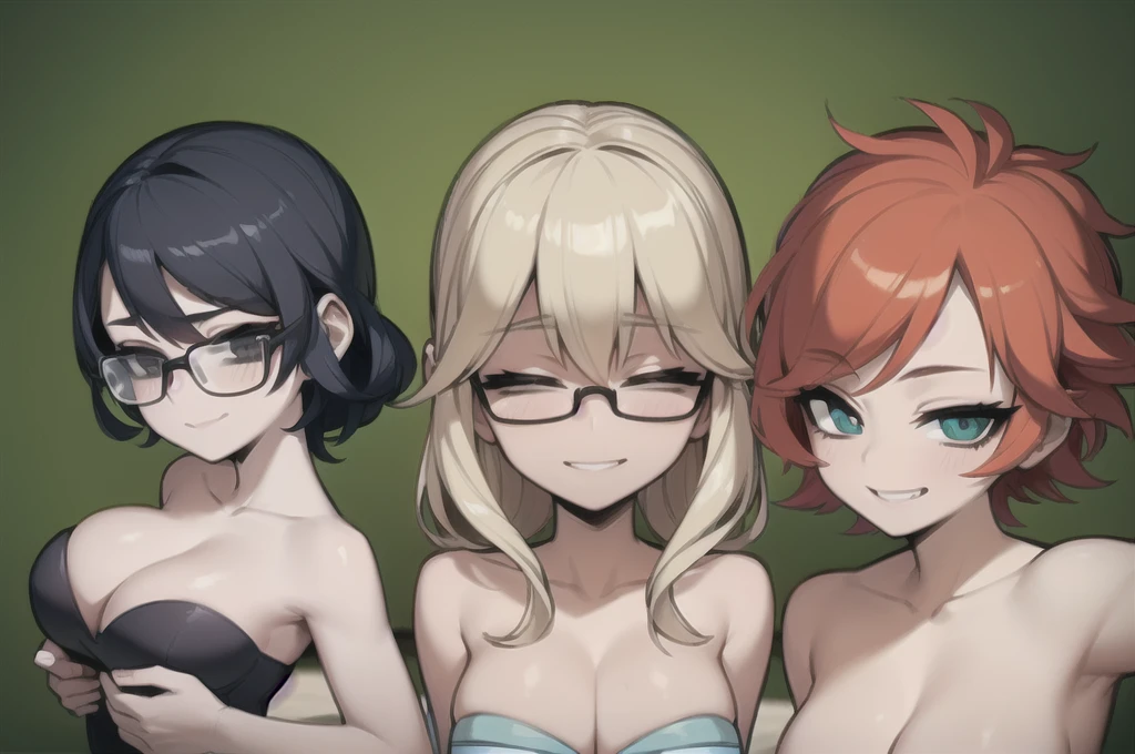 three sexy women who are wives of boy, looking at camera, seductive smiles, portrait, various hair, closed eyes, opened mouths moaning, glasses