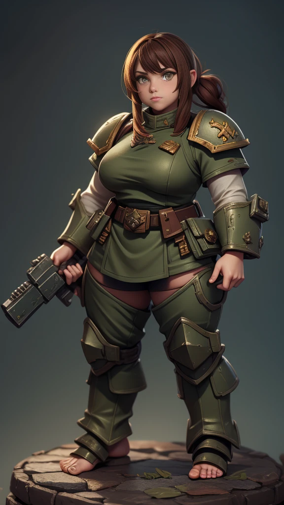 warhammer 40k imperial guardsman, female dwarf. b;onde hair, large foot, barefoot, hair on foot, bare hand