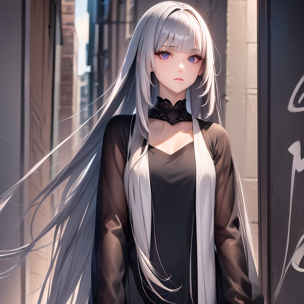1girl,solo,intricate details,chromatic aberration,realistic,long hair,, deep gray hair, glossy hair, long straight hair|detailed hair|long hair|blunt bangs|Long bold side bang|ahoge|long straight cutted hair,)))),Slender, beautiful hair,beautiful eyes, heterochromia , red right eye, gray left eye
hair,gray diamonds head ornament, Barely distinguishable deep gray-green undertone highlights and gray-purple undertone highlights,Thick healthy hair ,purple eyes,earrings,sharp eyes,choker,neon shirt,torn legwear,open jacket,turtleneck sweater,night,against wall,brick wall,graffiti,dim lighting,alley,looking at viewer,