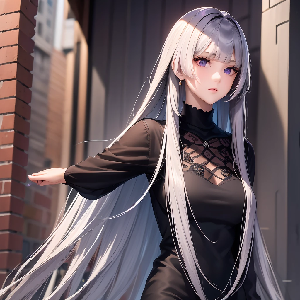 1girl,solo,intricate details,chromatic aberration,realistic,long hair,, deep gray hair, glossy hair, long straight hair|detailed hair|long hair|blunt bangs|Long bold side bang|ahoge|long straight cutted hair,)))),Slender, beautiful hair,beautiful eyes, heterochromia , red right eye, gray left eye
 hair,gray diamonds head ornament, Barely distinguishable deep gray-green undertone highlights and gray-purple undertone highlights,Thick healthy hair ,purple eyes,earrings,sharp eyes,choker,neon shirt,torn legwear,open jacket,turtleneck sweater,night,against wall,brick wall,graffiti,dim lighting,alley,looking at viewer,