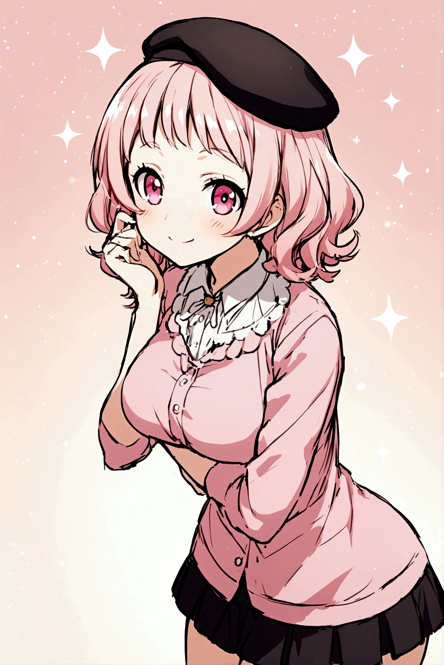 anime girl , short pink hair , Black Beret, mini skirt , linda , tender , pink blouse , pink eyes, clear skin, smiling