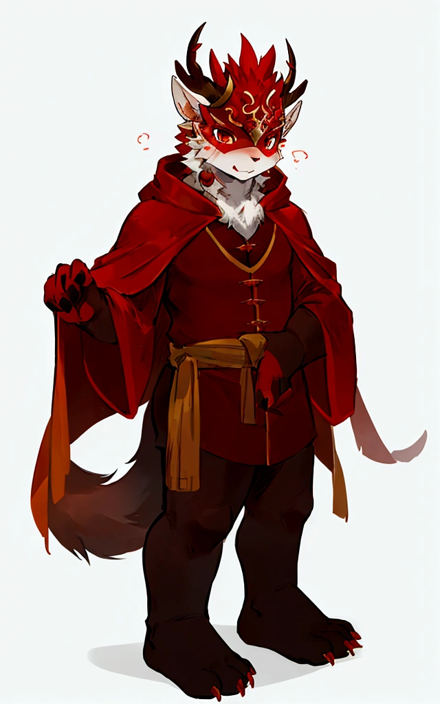 Sibuxiang has tangerine orange fur with a few white spots on its thighs and tail and has two brown horns on its forehead. He also wears a red cloak with white clouds tied around his neck. His face is always hidden by a white and red mask or one way or another when the mask is removed, whether it is in the main Manhua or in Beast Jokes. As Sibuxiang's name states, his body is made up of different animal parts. His front legs and feet are those of a cat, but he mostly looks like a deer.