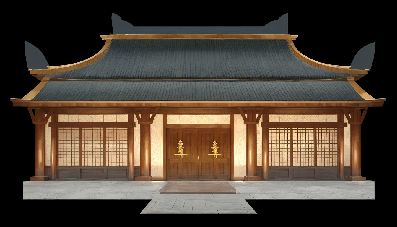 illustration of a traditional chinese building with lanterns and a bird, temple background, zen temple background, background depicting a temple, digital painting of a pagoda, japanese temple, japanese house, korean traditional palace, background art, palace background, chinese building, artwork in the style of z.w. gu, cyberpunk japanese temple, inspired by Shūbun Tenshō