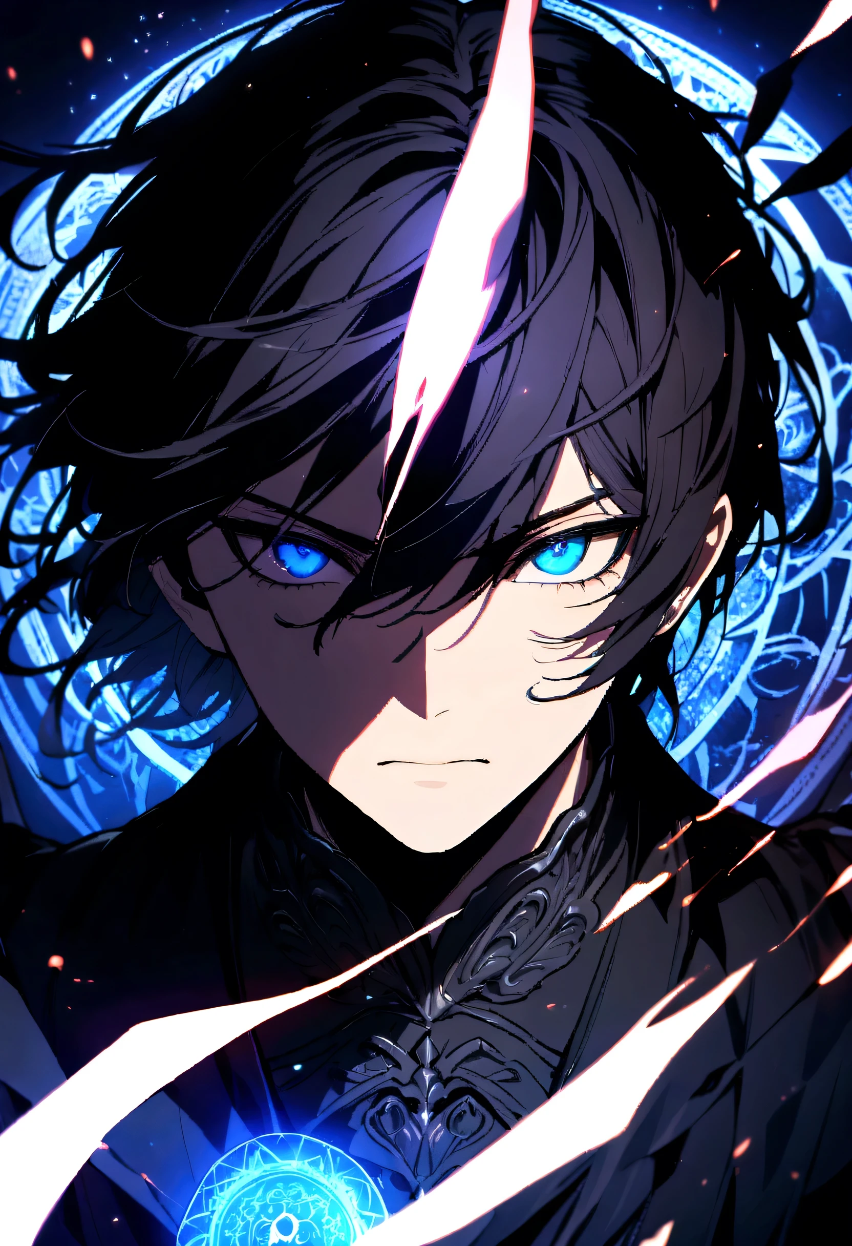 (masterpiece, best quality, ultra-detailed, best shadow), (detailed background,dark fantasy), (handsome detailed face), high contrast, (best illumination, an extremely delicate and beautiful), ((cinematic light)), colorful, hyper detail, dramatic light, intricate details, (1boy, solo,black hair, sharp face,blue eyes, hair between eyes,dynamic angle), blood splatter, blue moon, blue magic light, swirling black light around the character, depth of field,black light particles,(broken glass),magic circle,
