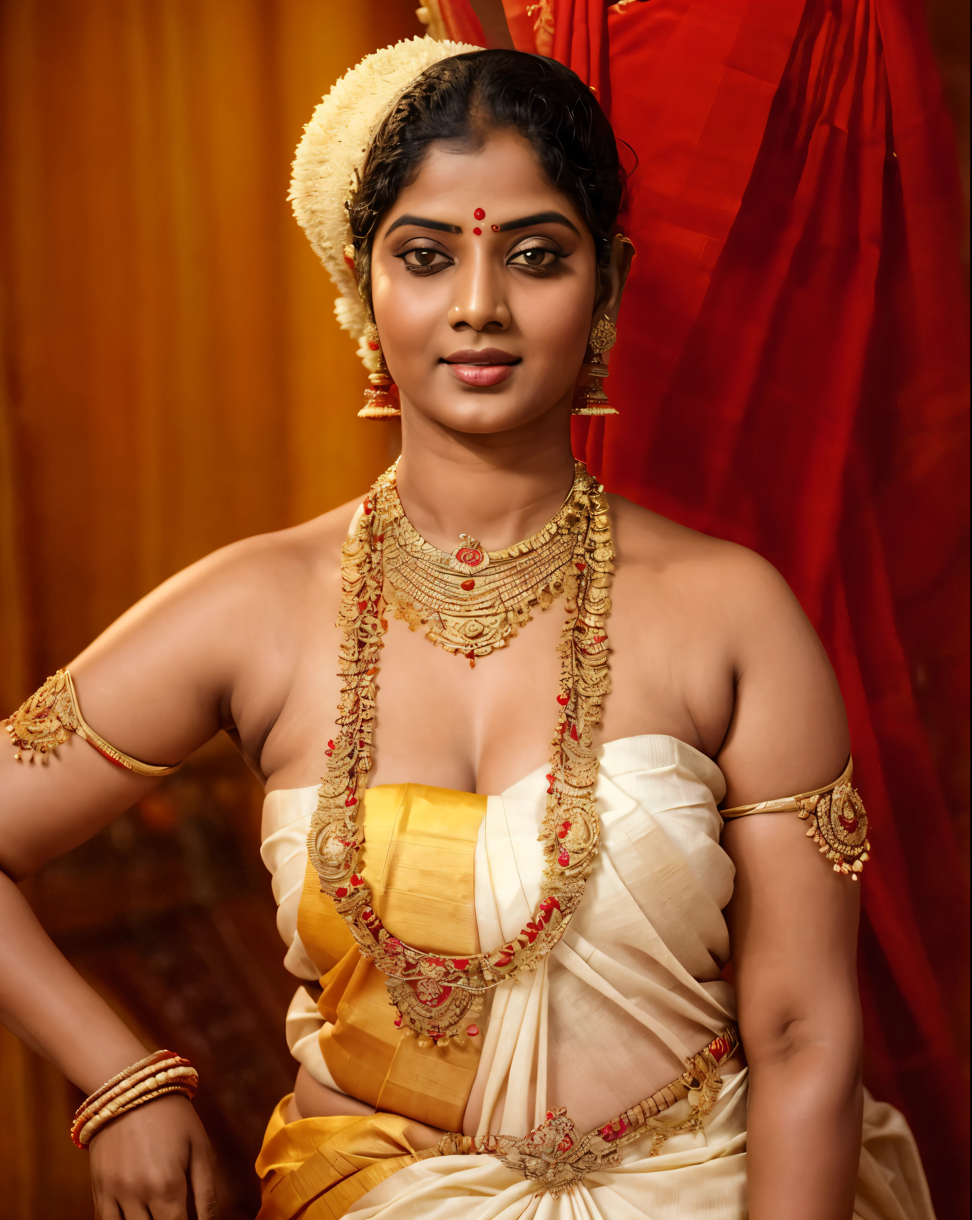 An Extremely gorgeous and beautiful Bengali village woman, 48 yo, pale white skin, sensual appealing body, perfect thick and chubby Beauty, wearing saree bare-chested, wearing a Bengali-style saree without a blouse,, ethnic vintage bengali village woman, bengali style saree, The sari was worn without a blouse and petticoat before the British Raj, baring one's chest or being blouseless,  Bengalis a.k.a. Bongs are known for their unique Bengali fashion sense (the way they don that sari makes you go wow), Pre British Raj, Pre colonial era, Bengali Woman draping sari without blouse is a normal thing in pre British Era, bong woman,