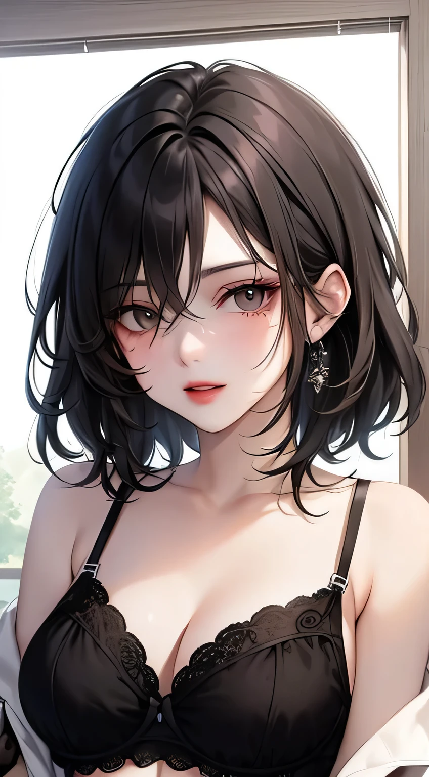 Amazing portrait of a cute goth woman with her short black hair in a bob hairstyle and she's wearing heavy eyeliner around her eyes and she's gazing at you seductively she wears an off shoulder t shirt that is orange and black with black bra straps 