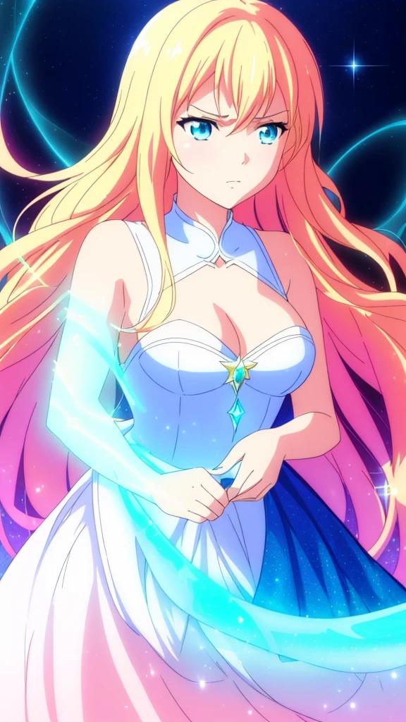 beautiful girl, puffy tiered ballgown, vibrant pastel colors,(20years old,madure female),angry,closed mouth,white dress,cleavage,sleeveless,((glowing blonde long hair)), magical lights, sparkling magical liquid, inspired by Glen Keane, inspired by Lois van Baarle, disney art style, by Lois van Baarle, glowing aura around her, by Glen Keane, jen bartel, glowing lights! digital painting, flowing glowing hair, glowing flowing hair, beautiful digital illustration, fantasia background, whimsical, magical, fantasy, ((beautiful face)), ((masterpiece, best quality)), intricate details, highly detailed, sharp focus, 8k resolution, sparkling detailed eyes, liquid watercolor,