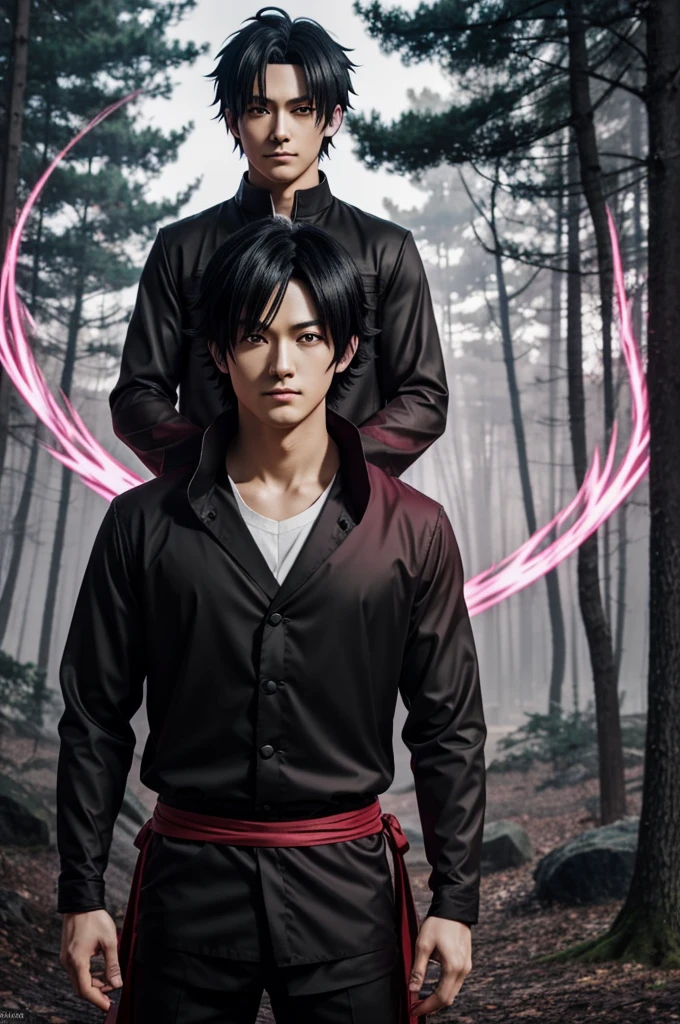 anime guy with black hair and pink eyes standing in front of a forest, an anime drawing inspired by Okumura Masanobu, pixiv contest winner, digital art, handsome guy in demon slayer art, anime wallaper, badass anime 8 k, handsome japanese demon boy, gapmoe yandere grimdark, with red glowing eyes, hd anime wallaper