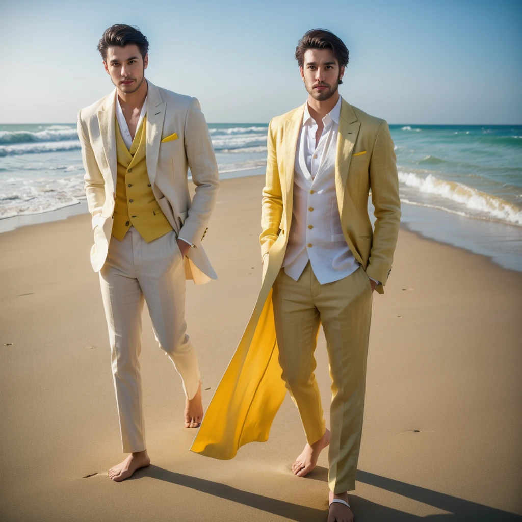 (1man:1.4),(male:1.2),(full body:1.2), age 25 beared handsome man , beach lighting , photo shoot of lime yellow linen tuxedo ,portrait shoot