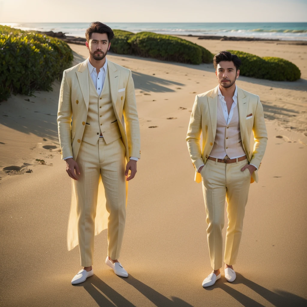 (1man:1.4),(male:1.2),(full body:1.2), age 25 beared handsome man , beach lighting , photo shoot of lime yellow linen tuxedo ,portrait shoot