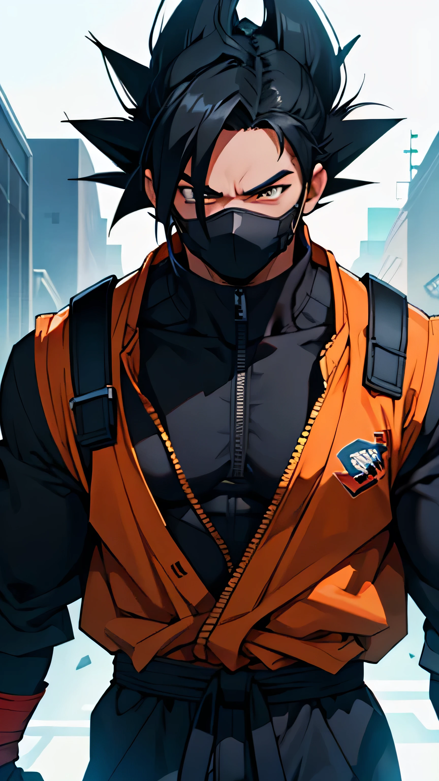 male character, on average 40 years old, cyberpuk, black hair, with Goku's aurea in superior instinct mode, masked (wearing a mask), looking forward