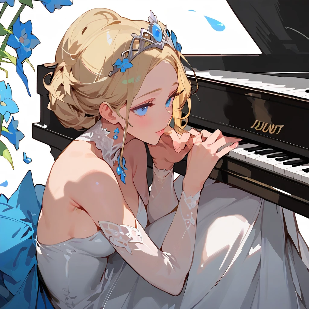 (score_9,score_8_up,score_7_up,) woman in fancy dress leaning over an upright grand piano at dusk with flowers around, 1girl, dress, solo, instrument, flower, high heels, sitting, tiara, white dress, blue eyes, blue flower, blonde hair, hair bun, Expressiveh, negative_hand, [[gwentstyle]], moon
