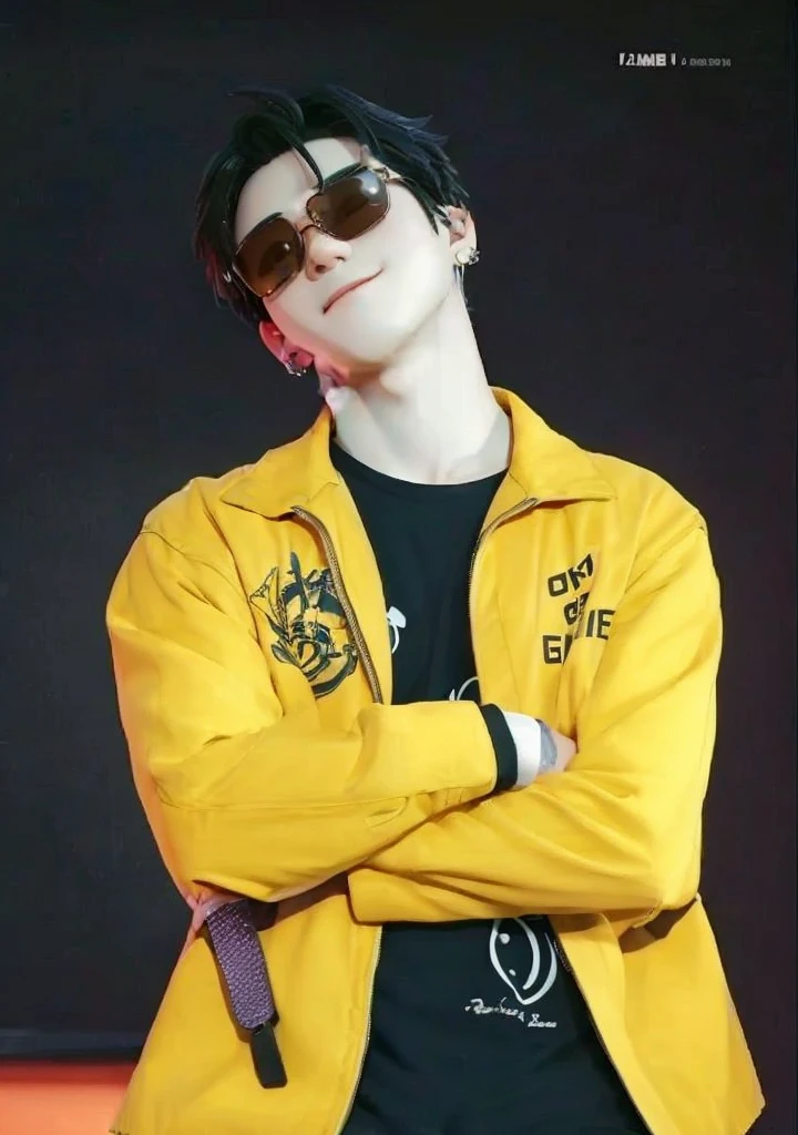 A handsome Korean male artist,Jimin Park, wearing a jeans shirt and long black trousers, I was sitting in front of the car