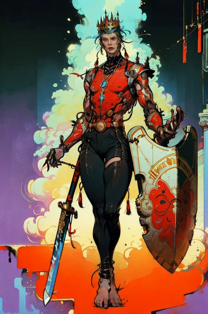 Perfect proportion, anatomically correct, (from head to foot: 2.0), (Full body image: 2.0), alone, extremely stylized, abnormal art, masterpiece, Very detailed, delicate eyes, expressive delicate eyes, (((Handsome man))),Detailed student, Futuristic, ((Wearing a crown)), ((holding scimitar and shield)), (cybernetic weapons:1.4), big boot, Full body image, full-body shot, nvink punk, Professional photos of Alexander_skarsgard, tassel, Large beads, (大tassel), cyberpunk, ink punk, paint tray, Ink splatter, (Action poses:1.0), chain mail
