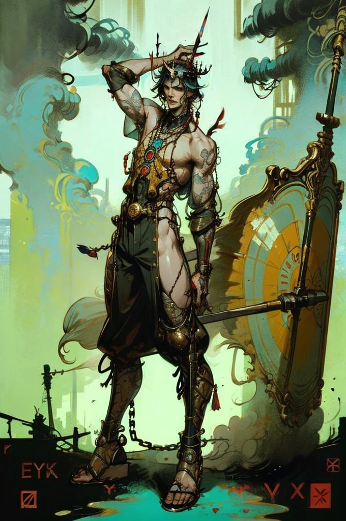 Perfect proportion, anatomically correct, (from head to foot: 2.0), (Full body image: 2.0), alone, extremely stylized, abnormal art, masterpiece, Very detailed, delicate eyes, expressive delicate eyes, (((Handsome man))),Detailed student, Futuristic, ((Wearing a crown)), ((holding scimitar and shield)), (cybernetic weapons:1.4), big boot, Full body image, full-body shot, nvink punk, Professional photos of Alexander_skarsgard, tassel, Large beads, (大tassel), cyberpunk, ink punk, paint tray, Ink splatter, (Action poses:1.0), chain mail